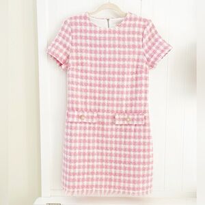 Tweed Button Pocket Shift Dress in Pink